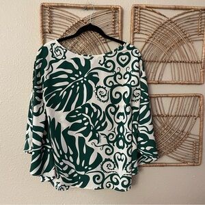 Manuhealii Batwing Aloha Print Blouse Top Sleeve Slits Tropical Green Sz XS/S B2